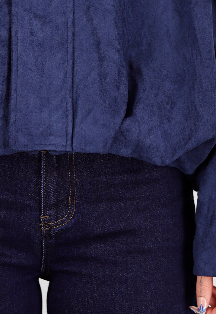 Donkerblauw Suèdelook Jasje met Rits- en Knoopsluiting