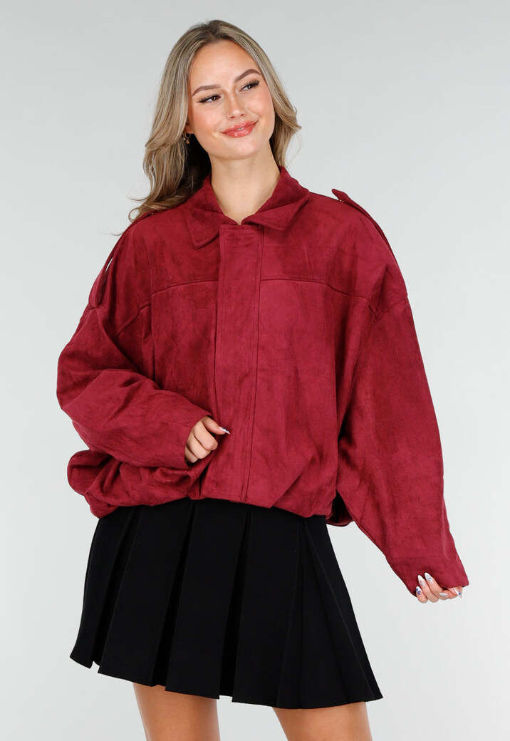Bordeaux Suèdelook Jasje met Rits- en Knoopsluiting