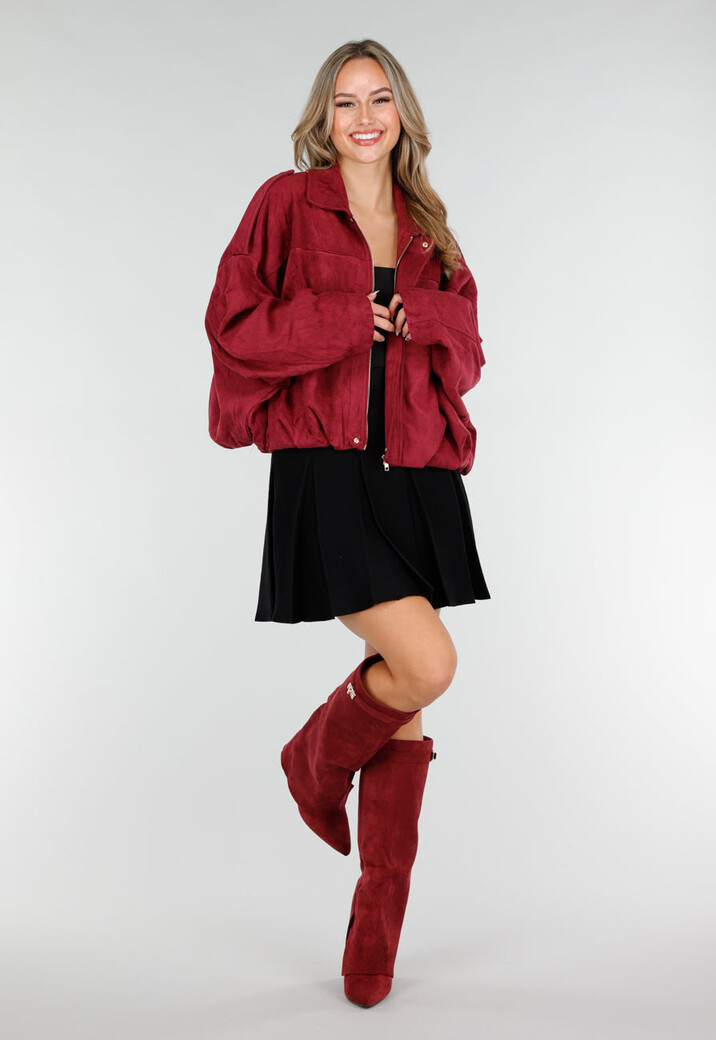 Bordeaux Suèdelook Jasje met Rits- en Knoopsluiting