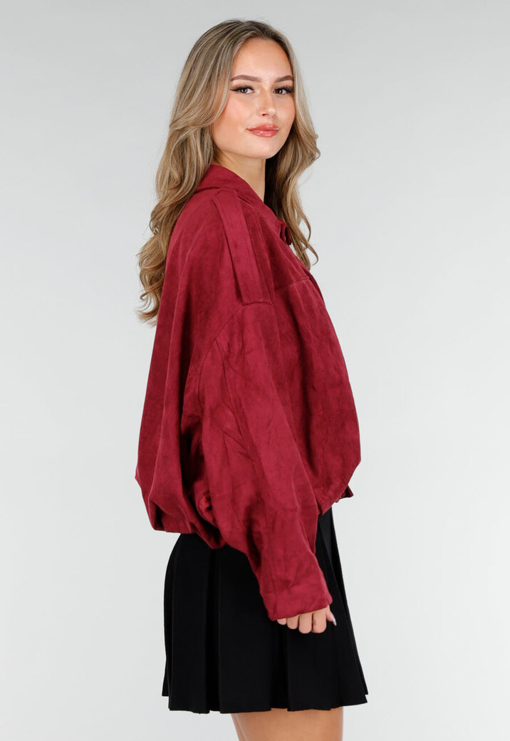 Bordeaux Suèdelook Jasje met Rits- en Knoopsluiting