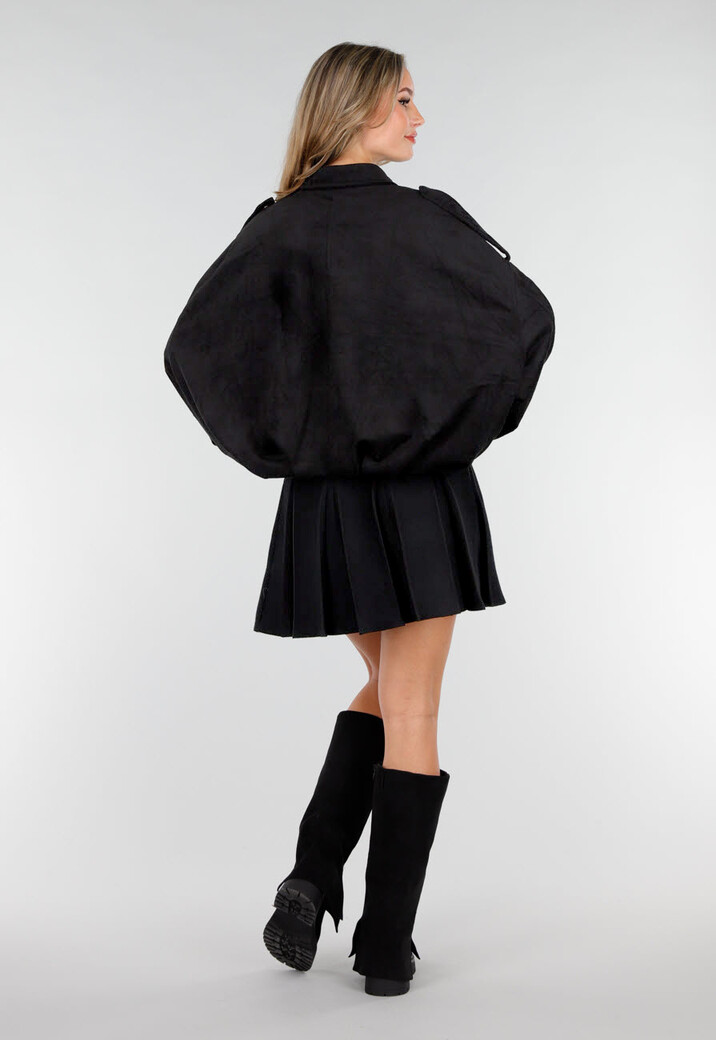 Zwarte Suèdelook Jas met Rits- en Knoopsluiting