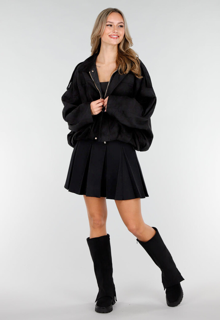 Zwarte Suèdelook Jas met Rits- en Knoopsluiting