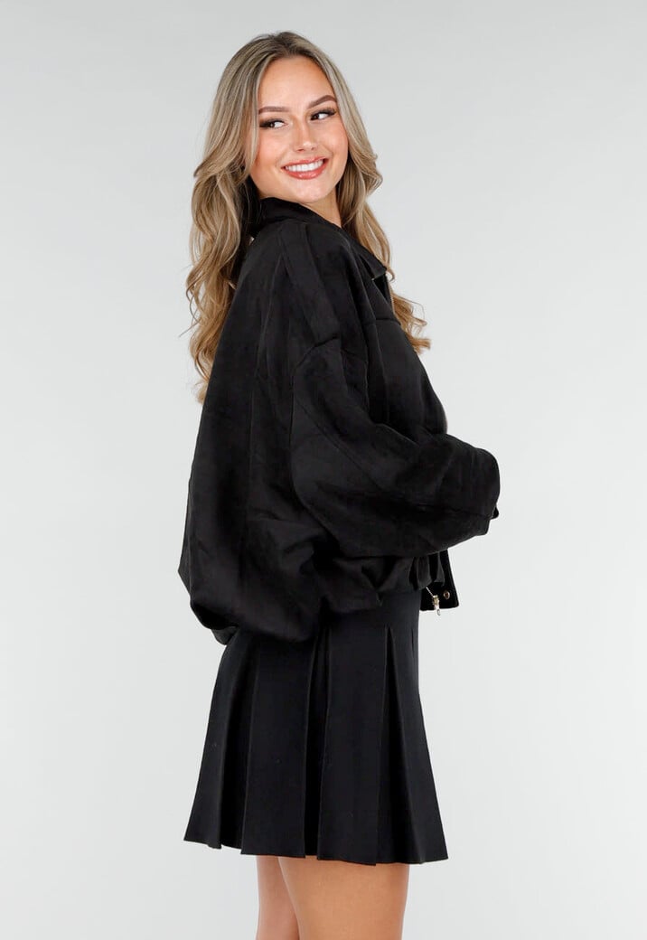 Zwarte Suèdelook Jas met Rits- en Knoopsluiting