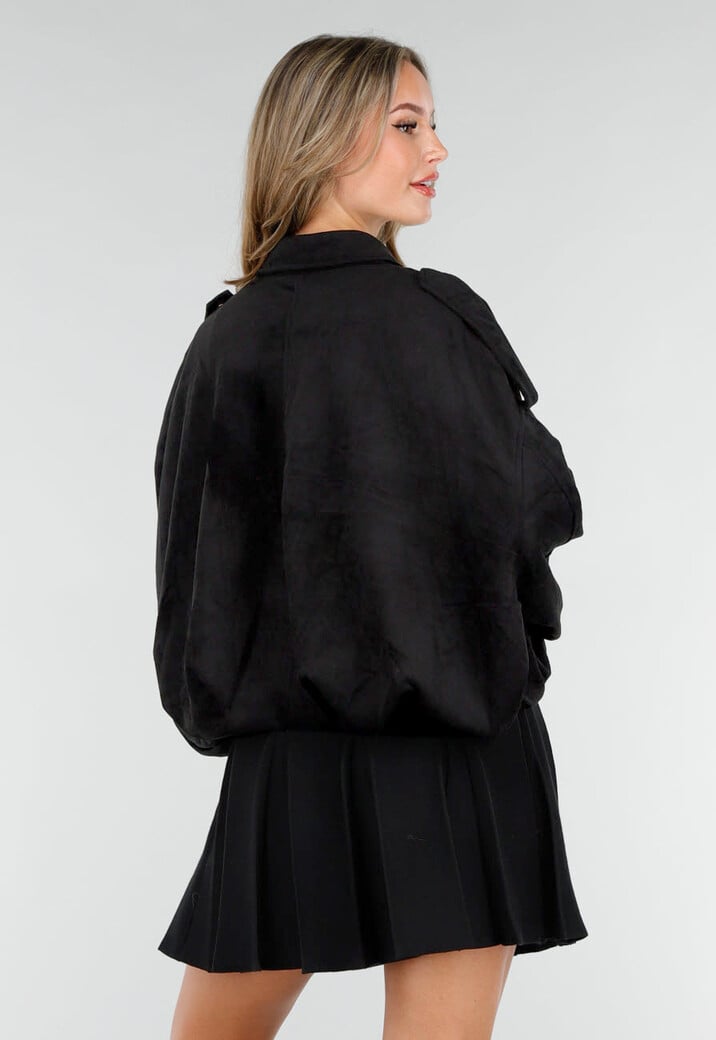 Zwarte Suèdelook Jas met Rits- en Knoopsluiting