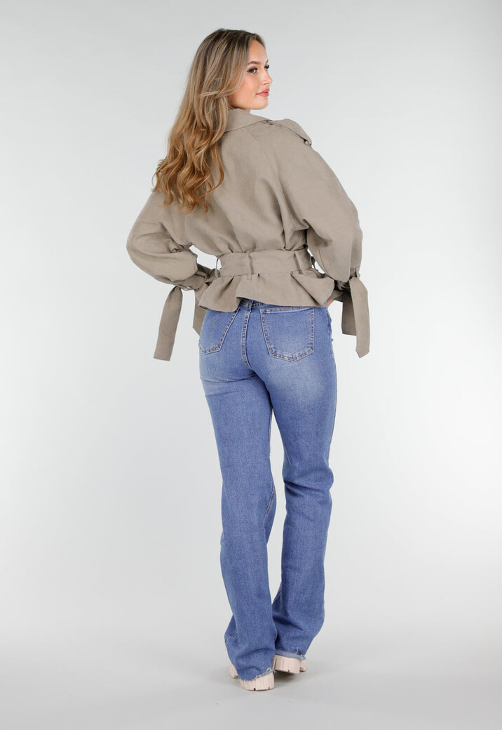 Beige Cropped Trenchcoat Jas met Strikceintuur