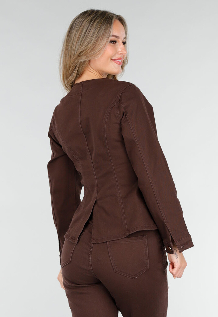 Donkerbruine Denim Blazer met Peplum en Goudkleurige Knopen