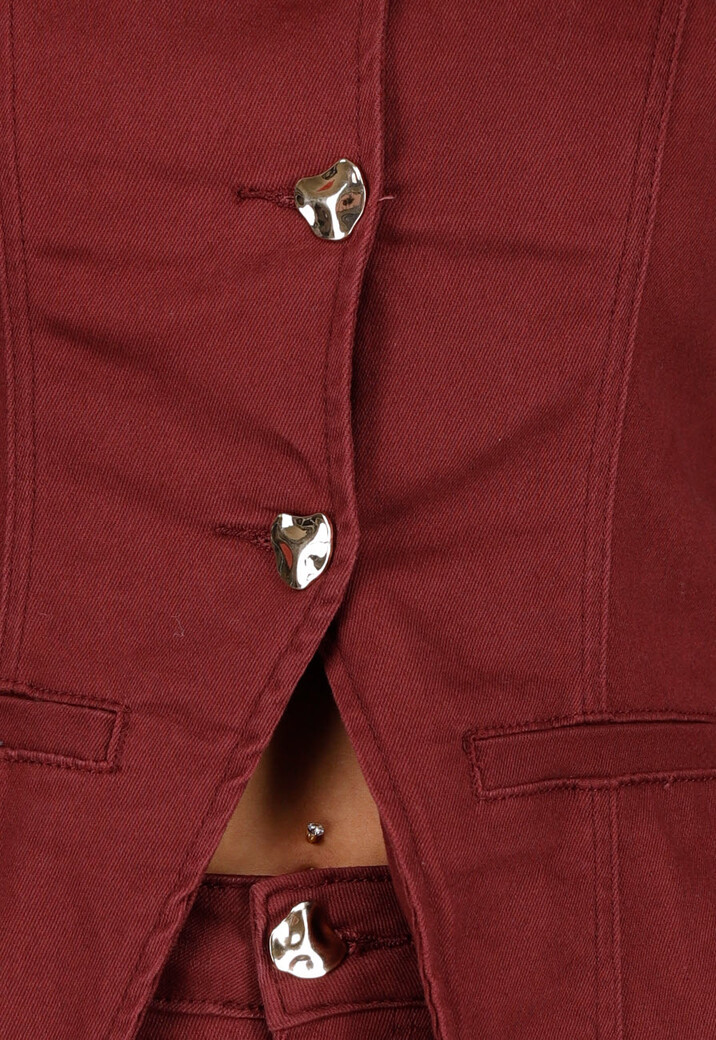 Bordeauxrode Denim Blazer met Peplum en Goudkleurige Knopen