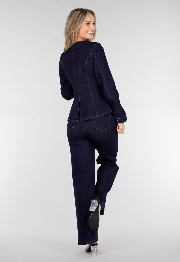 Donkerblauwe Denim Peplum Blazer met Goudkleurige Knopen