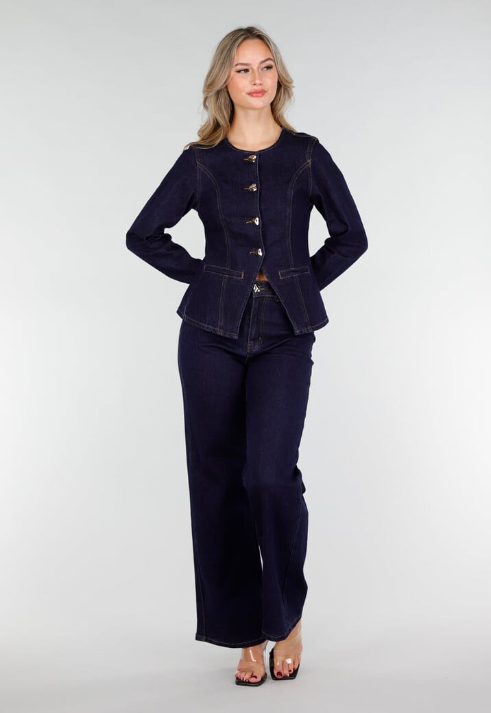 Donkerblauwe Denim Peplum Blazer met Goudkleurige Knopen