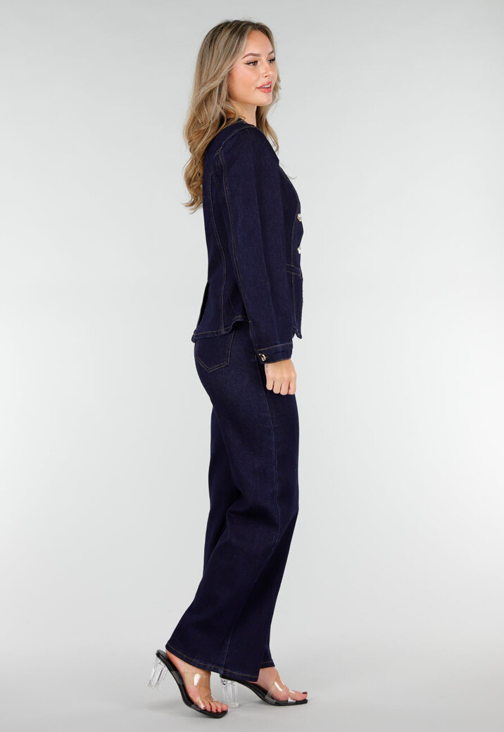 Donkerblauwe Denim Peplum Blazer met Goudkleurige Knopen