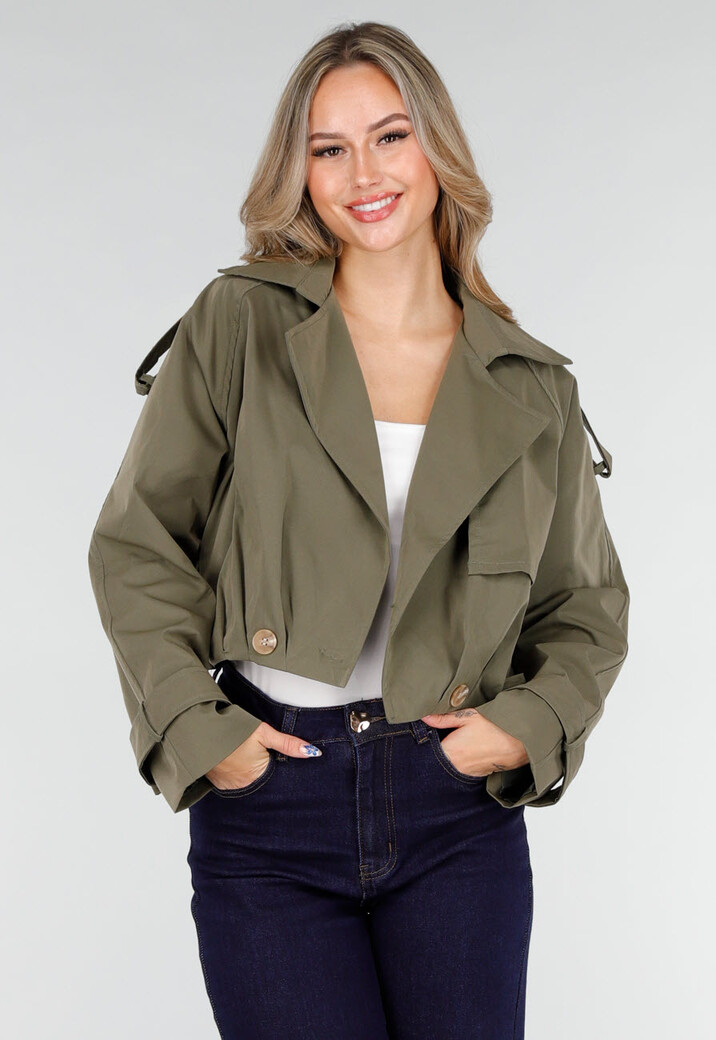 Cropped Trenchcoat Olijfgroen met Brede Revers en Dubbele Knoopsluiting