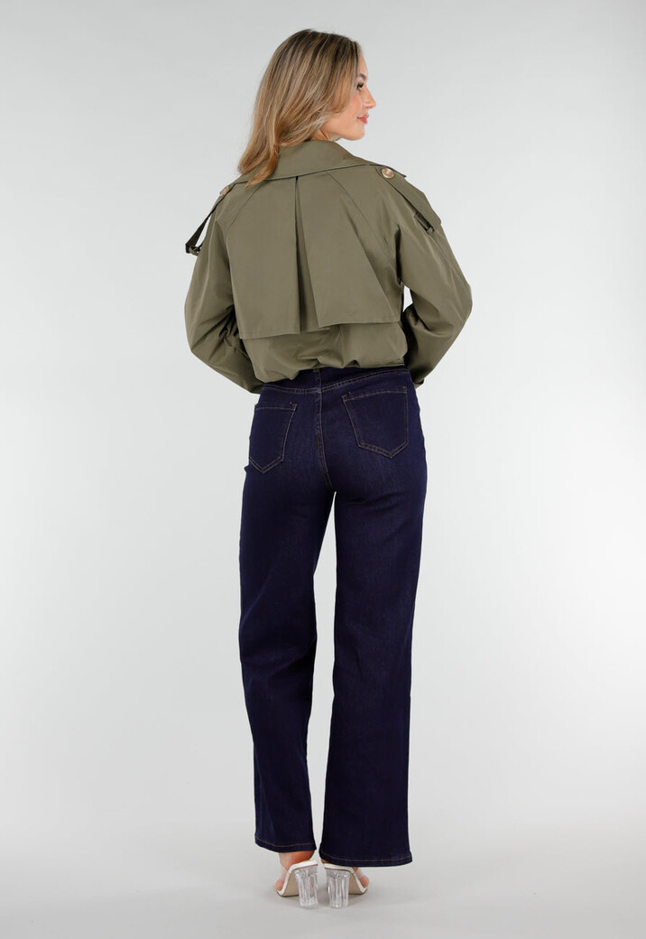 Cropped Trenchcoat Olijfgroen met Brede Revers en Dubbele Knoopsluiting