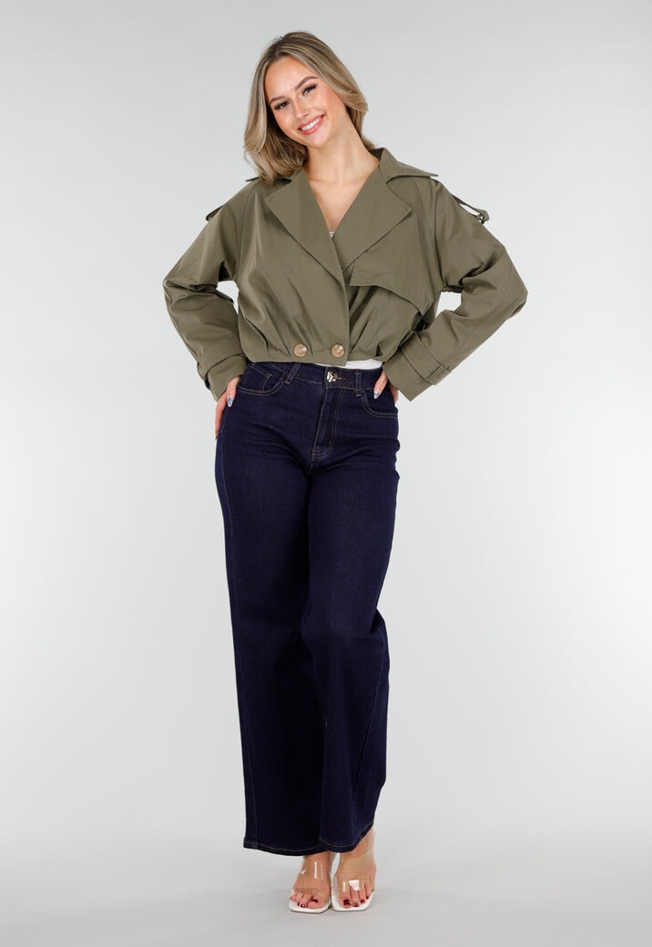 Cropped Trenchcoat Olijfgroen met Brede Revers en Dubbele Knoopsluiting