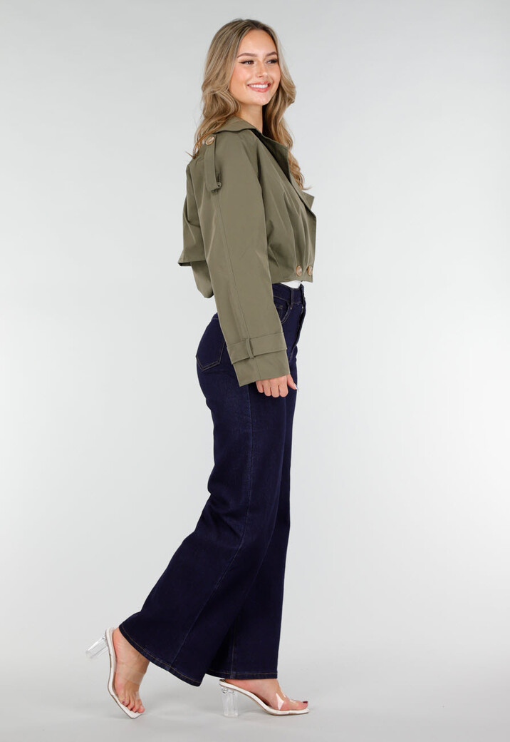 Cropped Trenchcoat Olijfgroen met Brede Revers en Dubbele Knoopsluiting