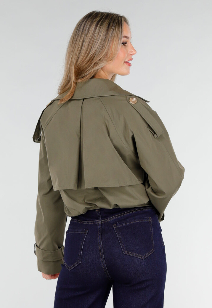 Cropped Trenchcoat Olijfgroen met Brede Revers en Dubbele Knoopsluiting