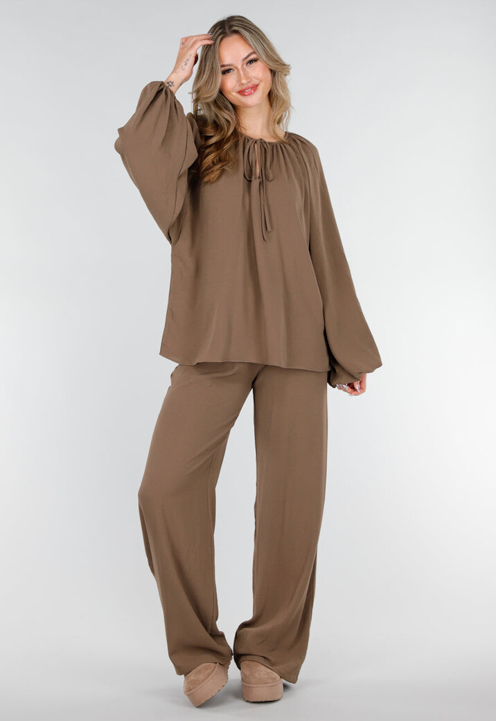 Bruine Linnenlook Broek met Rechte Pijpen