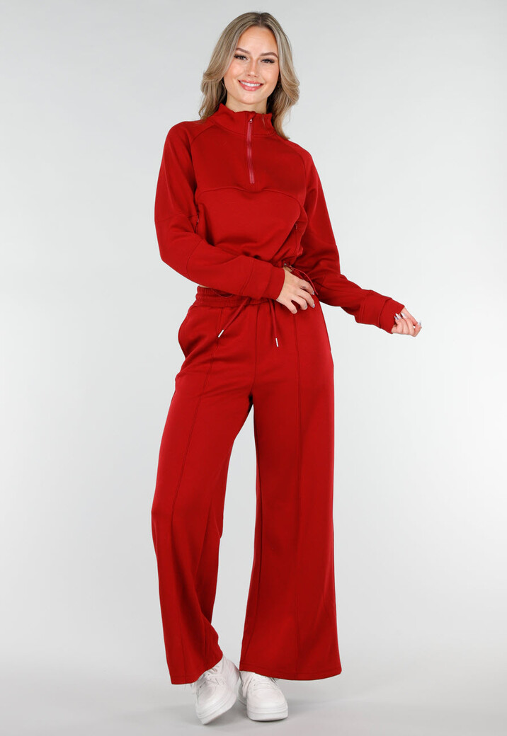 Bordeauxrode Broek met Wijde Pijpen en Elastische Taille