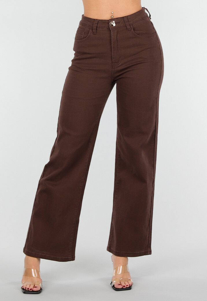 Bruine High Waist Stretch Jeans met Rechte Pijpen