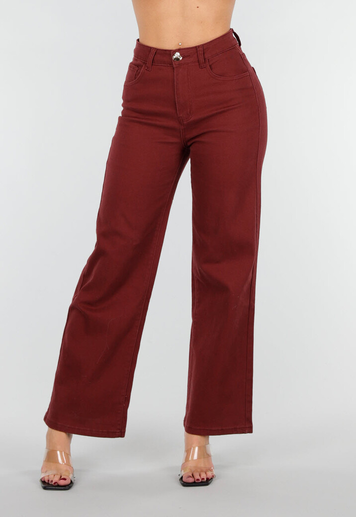Bordeauxrode High Waist Jeans met Rechte Pijpen en Goudkleurige Knoop