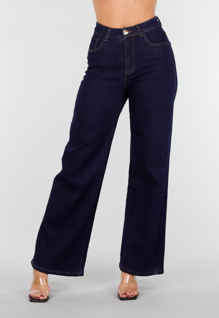 Donkerblauwe High Waist Wide Leg Jeans met Klassieke Stiksels
