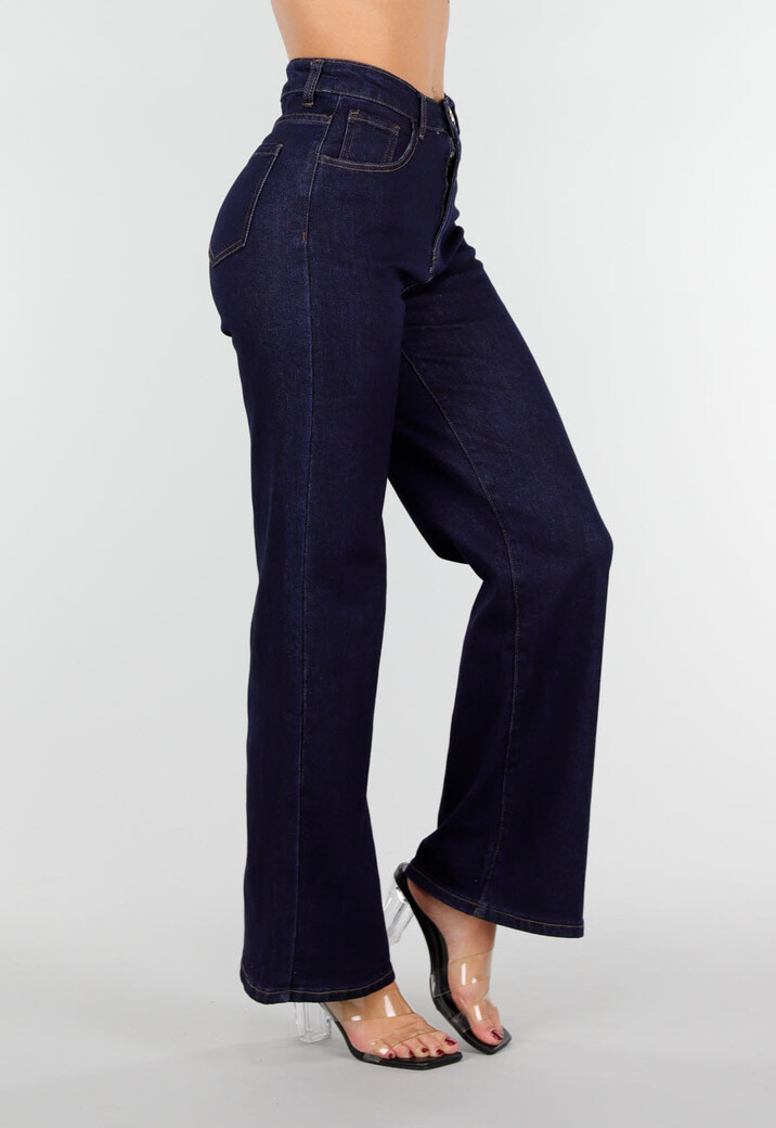 Donkerblauwe High Waist Wide Leg Jeans met Klassieke Stiksels