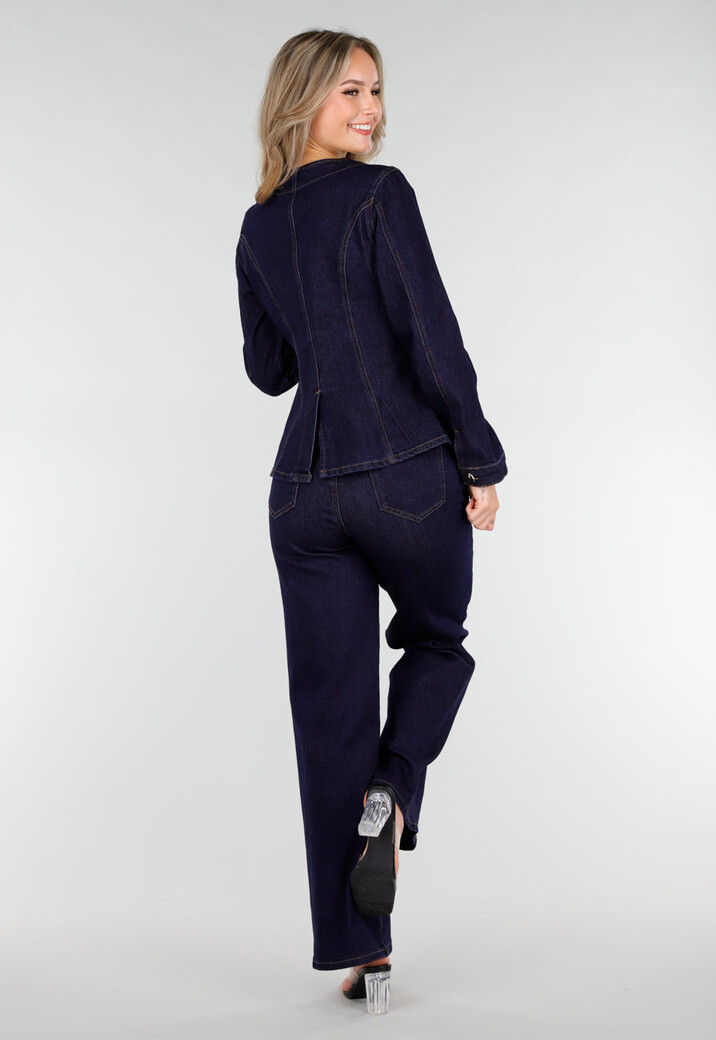 Donkerblauwe High Waist Wide Leg Jeans met Klassieke Stiksels