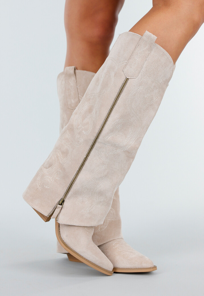 Beige Suède Look Cowboylaarzen met Stikseldetail