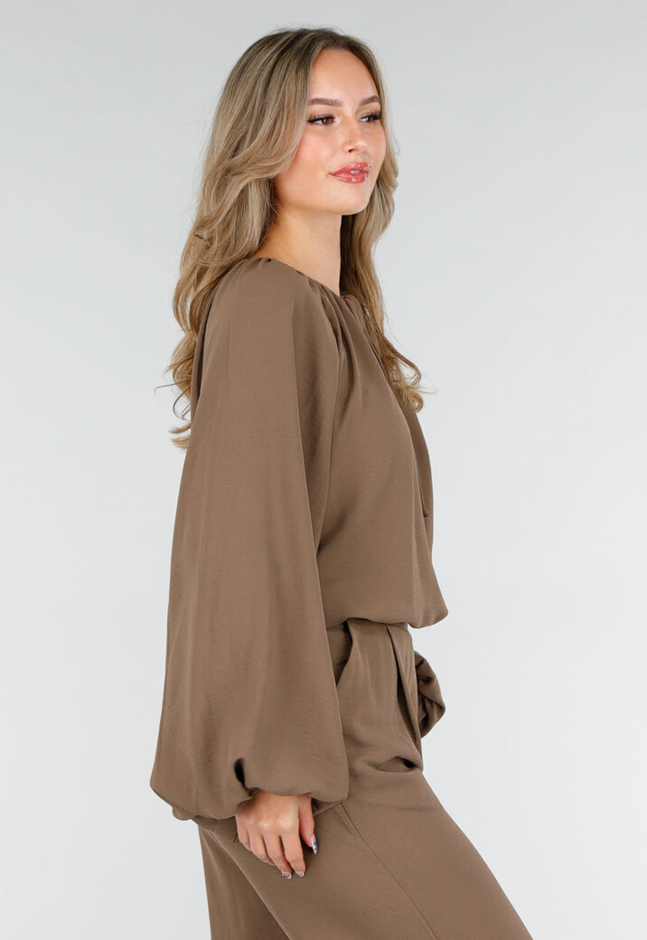 Bruine Stretch Blouse met Striksluiting en Wijde Mouwen