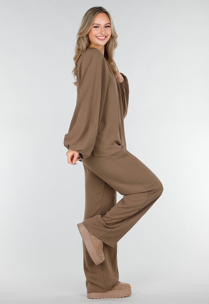 Bruine Stretch Blouse met Striksluiting en Wijde Mouwen