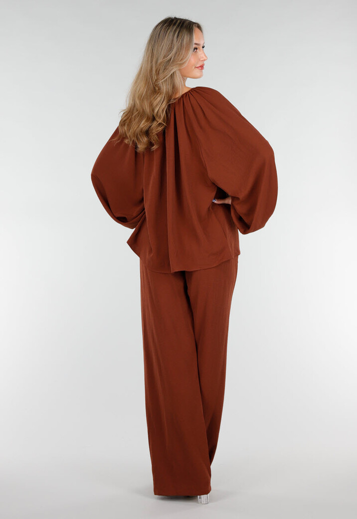Terracotta Stretch Blouse met Striksluiting en Wijde Mouwen