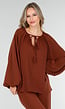 Terracotta Stretch Blouse met Striksluiting en Wijde Mouwen