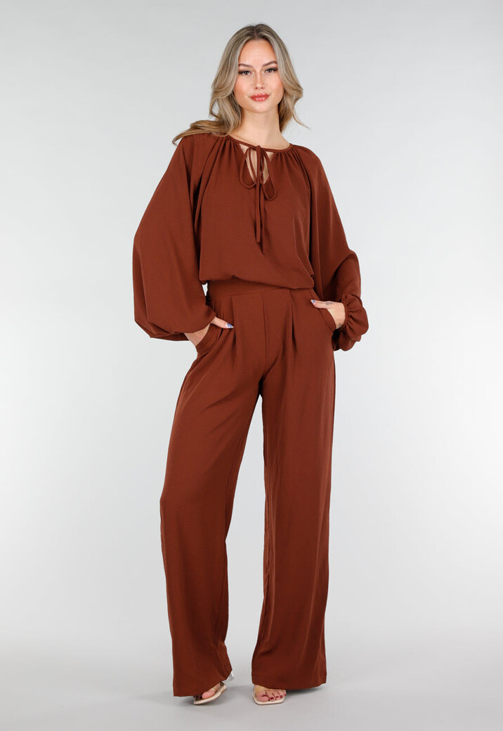 Terracotta Stretch Blouse met Striksluiting en Wijde Mouwen