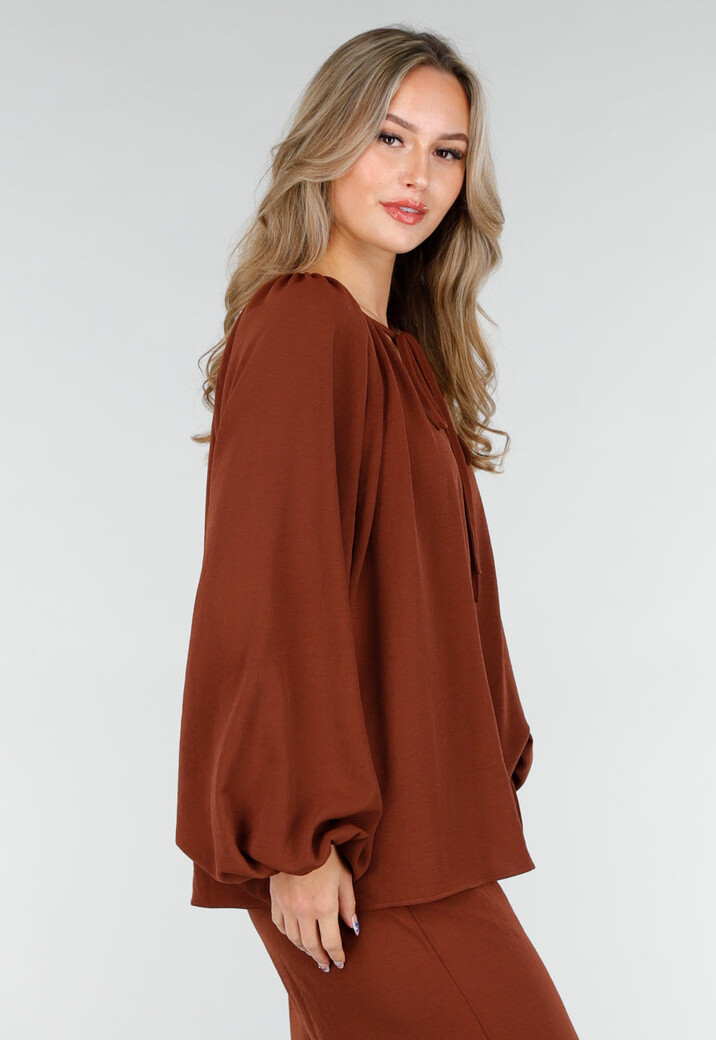 Terracotta Stretch Blouse met Striksluiting en Wijde Mouwen