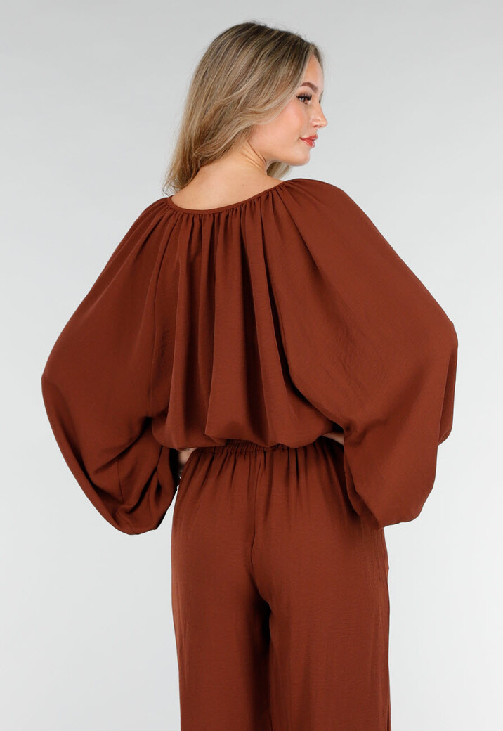 Terracotta Stretch Blouse met Striksluiting en Wijde Mouwen