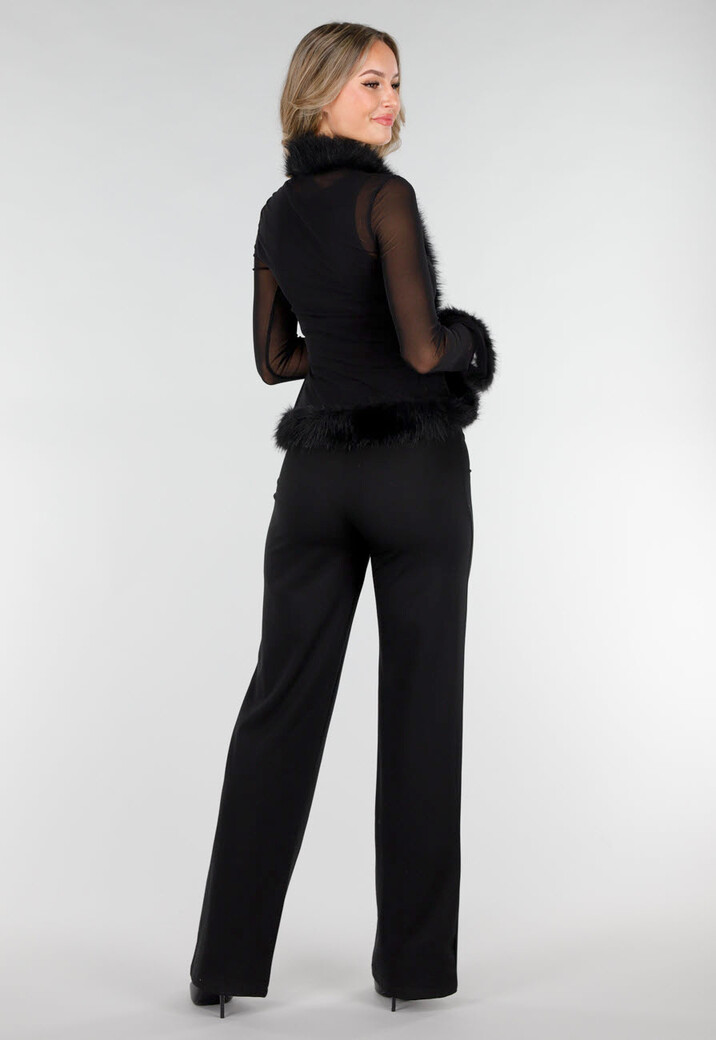 Zwarte Mesh Top met Imitatiebont