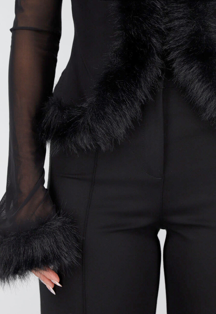 Zwarte Mesh Top met Imitatiebont