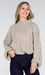 Beige Gebreide Trui met Kabelpatroon en Pofmouwen