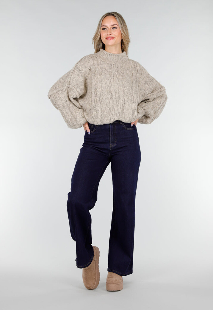 Beige Gebreide Trui met Kabelpatroon en Pofmouwen