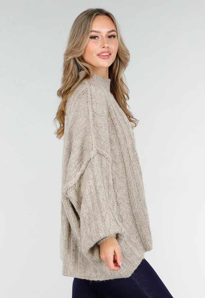 Beige Gebreide Trui met Kabelpatroon en Pofmouwen