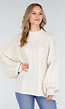 Crèmekleurige Gebreide Trui met Kabelpatroon en Pofmouwen