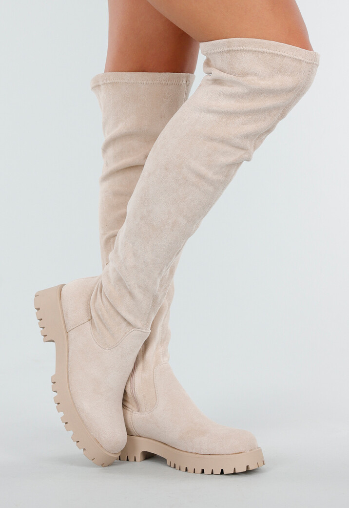 Beige Overknee Laarzen met Profielzool en Suèdelook