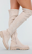 Beige Overknee Laarzen met Profielzool en Suèdelook