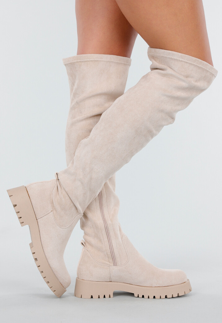 Beige Overknee Laarzen met Profielzool en Suèdelook