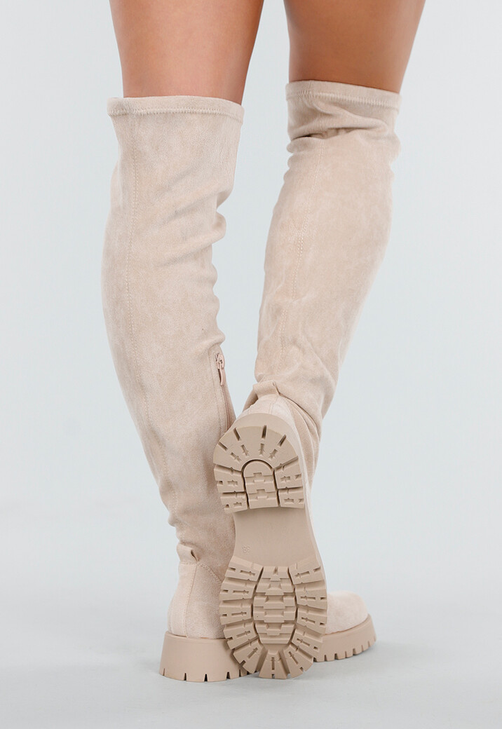 Beige Overknee Laarzen met Profielzool en Suèdelook