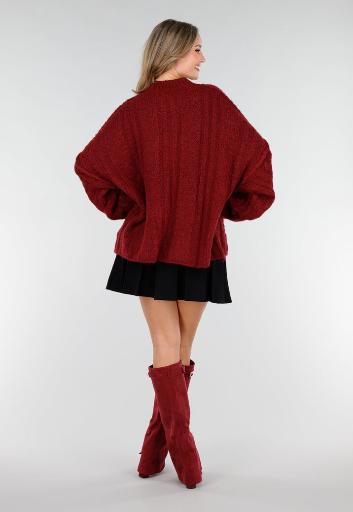 Bordeauxrode Gebreide Trui met Kabelpatroon en Pofmouwen