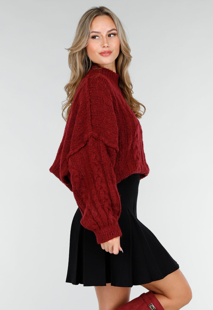 Bordeauxrode Gebreide Trui met Kabelpatroon en Pofmouwen