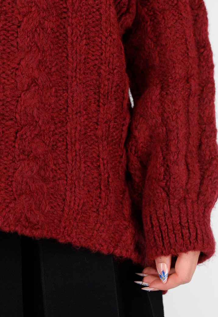 Bordeauxrode Gebreide Trui met Kabelpatroon en Pofmouwen