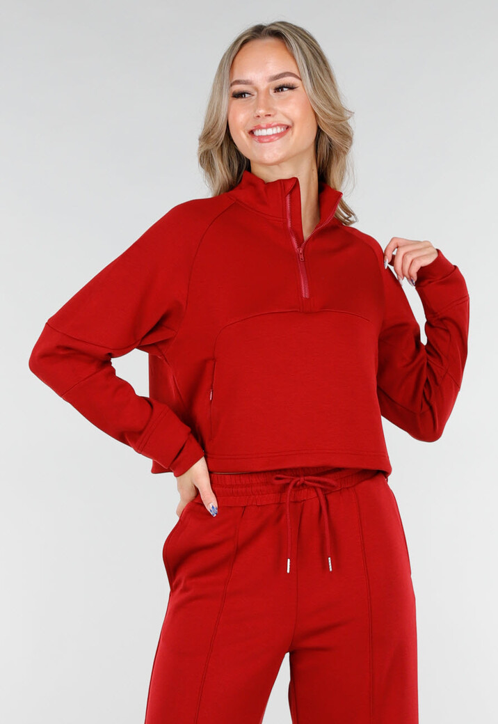 Bordeauxrode Cropped Lounge Trui met Halve Rits en Hoge Kraag