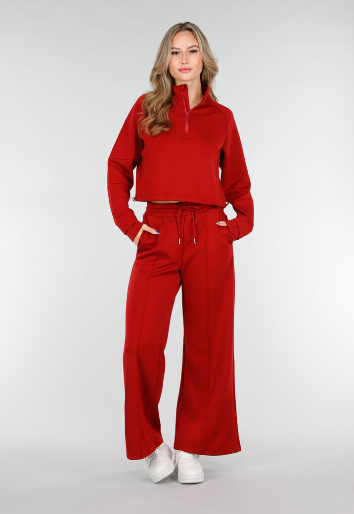 Bordeauxrode Cropped Lounge Trui met Halve Rits en Hoge Kraag