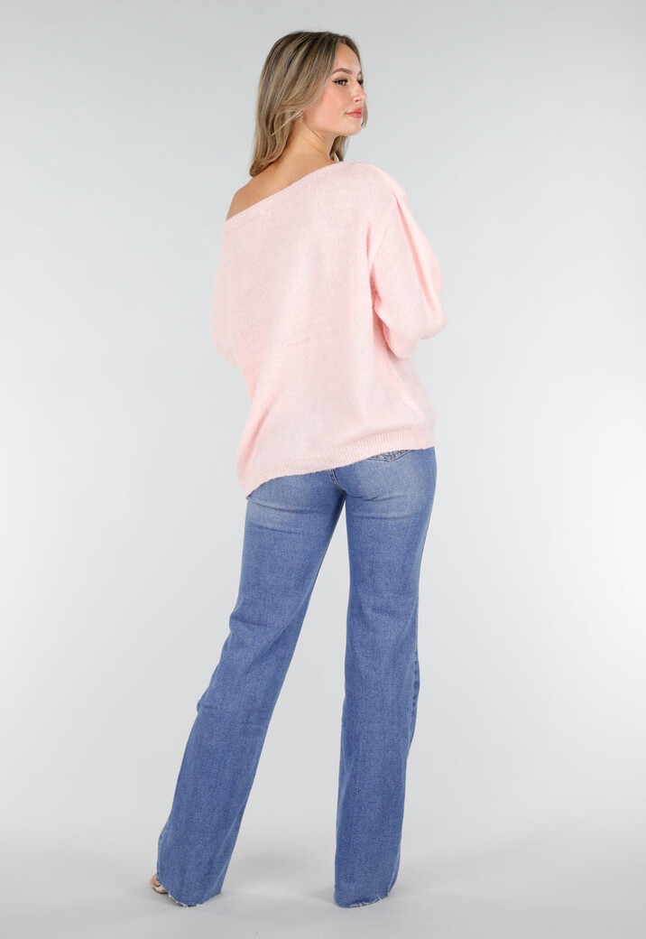 Roze One Shoulder Trui met Wijde Mouwen in Zachte Stof